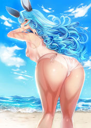 Rule 34 | 10s, 1girl, absurdres, adjusting clothes, animal ears, ass, beach, bikini, blue hair, blue sky, blush, breasts, cloud, covered mouth, crotch seam, day, dripping, embarrassed, erune, eyebrows, ferry (granblue fantasy), granblue fantasy, hand on own shoulder, highres, leaning forward, lens flare, long hair, looking back, micro bikini, ocean, one-piece tan, outdoors, profile, see-through, side-tie bikini bottom, sideboob, skindentation, sky, small breasts, solo, standing, string bikini, summer, swimsuit, tahnya, tan, tanline, water, wavy hair, wet, wet hair, white bikini, yellow eyes