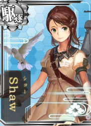 Rule 34 | 10s, 1girl, bird, brown hair, card parody, dove, freckles, green eyes, hair ornament, hairclip, jeanex, kantai collection, looking at viewer, machinery, original, pacific (kancolle), personification, school uniform, serafuku, short hair, smile, translation request, uss shaw (dd-373)