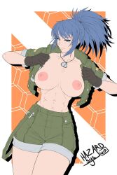 Rule 34 | 1girl, abs, black gloves, blue eyes, blue hair, breasts, dog tags, earrings, gloves, green shorts, hazard sys, highres, jacket, jewelry, large breasts, leona heidern, muscular, muscular female, nipples, open clothes, open jacket, ponytail, shorts, signature, the king of fighters, the king of fighters xv, triangle earrings, unbuttoned, unfinished