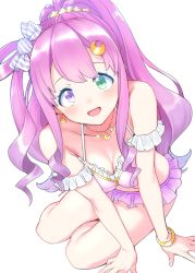 Rule 34 | bikini, blush, breasts, candy hair ornament, cleavage, collarbone, crescent, crescent hair ornament, earrings, food-themed hair ornament, goshiki suzu, hair ornament, heterochromia, highres, himemori luna, himemori luna (1st costume), hololive, jewelry, long hair, looking at viewer, looking up, necklace, open mouth, sitting, swimsuit, virtual youtuber