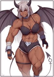 Rule 34 | 1girl, abs, absurdres, arms at sides, artist logo, bandaged arm, bandages, biceps, black horns, border, bra, breasts, brooch, brown lips, chain, cleavage, collarbone, cuffs, dark-skinned female, dark skin, demon girl, demon horns, demon tail, demon wings, facial scar, fingerless gloves, fur-trimmed shorts, fur trim, gloves, grey hair, grin, highres, horns, jewelry, large breasts, lips, long hair, looking at viewer, muscular, muscular female, navel, original, red eyes, scar, scar on arm, scar on cheek, scar on face, scar on shoulders, scar on stomach, shackles, short shorts, shorts, smile, solo, speedl00ver, stomach, tail, thick thighs, thigh strap, thighs, twisted torso, underwear, very long hair, walking, white border, wings