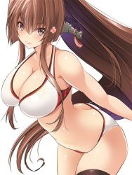 Rule 34 | 1girl, ass, bikini, black thighhighs, blush, breasts, brown hair, butt crack, cleavage, collarbone, flower, hair flower, hair ornament, headgear, kantai collection, large breasts, long hair, looking at viewer, maki (seventh heaven maxion), purple eyes, sidelocks, simple background, single thighhigh, smile, solo, swimsuit, thighhighs, upper body, very long hair, white background, white bikini, yamato (kancolle)