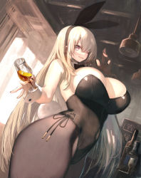 Rule 34 | 1girl, :d, animal ears, bar (place), bare shoulders, black bow, black hairband, black leotard, black nails, black pantyhose, blonde hair, bottle, bow, bowtie, breasts, cleavage, collar, covered navel, cowboy shot, cup, curvy, detached collar, drink, drinking glass, fake animal ears, fake tail, from below, hairband, hand up, highres, holding glass, indoors, large breasts, leotard, long hair, looking at viewer, nail polish, one eye closed, open mouth, original, pantyhose, pink eyes, playboy bunny, rabbit ears, rabbit tail, sideboob, sidelocks, smile, solo, standing, surutsu, tail, thick thighs, thighs, very long hair, wine bottle, wine glass, wink, wrist cuffs