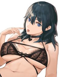 Rule 34 | 1girl, bare shoulders, black bra, blue eyes, blue hair, bra, breasts, byleth (female) (fire emblem), byleth (fire emblem), choker, cleavage, fire emblem, fire emblem: three houses, highres, j@ck, large breasts, looking at viewer, medium hair, navel, nintendo, open mouth, simple background, tongue, tongue out, underwear, white background