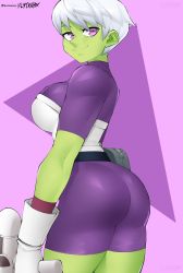 Rule 34 | 1girl, armor, ass, breastplate, breasts, cheelai, colored skin, dragon ball, dragon ball super, flytrapxx, from behind, gloves, green skin, highres, huge ass, large breasts, looking at viewer, pink background, purple eyes, shiny clothes, shiny skin, short hair, sideboob, silver hair, skin tight, smile, solo, unitard, white gloves, wide hips