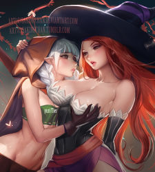 Rule 34 | 2girls, breasts, cleavage, dragon&#039;s crown, elf, elf (dragon&#039;s crown), grabbing, grabbing another&#039;s breast, large breasts, long hair, multiple girls, pointy ears, red hair, sakimichan, silver hair, sorceress (dragon&#039;s crown), watermark, witch, yuri