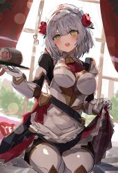 Rule 34 | 1girl, apron, armor, armored dress, blush, boobplate, breastplate, breasts, cake, cleavage, flower, food, genshin impact, green eyes, grey hair, hair flower, hair ornament, heart, highres, kneeling, large breasts, looking at viewer, maid apron, maid headdress, noelle (genshin impact), open mouth, solo, tagme, the olphy, yule log (cake)