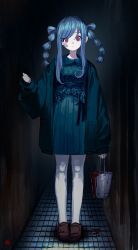 Rule 34 | 1girl, afternooners, blood, blue dress, blue hair, blue jacket, brown footwear, bucket, clenched hand, dark background, dress, facial tattoo, floral print, full body, hallway, highres, holding, holding bucket, indoors, jacket, loafers, looking at viewer, multi-tied hair, open clothes, open jacket, original, pantyhose, red eyes, ribbon, shoes, signature, solo, standing, swept bangs, tattoo, twintails, white pantyhose