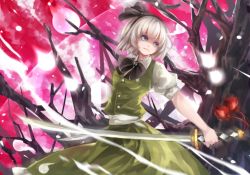 Rule 34 | 1girl, bare tree, blue eyes, bow, collared shirt, dual wielding, frilled skirt, frills, green skirt, green vest, hairband, hitodama, holding, holding sword, holding weapon, katana, konpaku youmu, konpaku youmu (ghost), light particles, looking to the side, motion blur, pink sky, serious, shaded face, shirt, short hair, short sleeves, silver hair, skirt, skirt set, sky, solo, sword, touhou, tree, vest, weapon, white shirt, zhen panxie