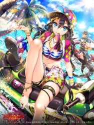 Rule 34 | 1boy, 1girl, anklet, bad id, bad pixiv id, barefoot, baseball cap, beach, bikini, bikini under clothes, black gloves, black hair, blue eyes, blue sky, bracelet, breasts, cleavage, cloud, cocoon (loveririn), cropped jacket, day, feet, furyou michi ~gang road~, gang road joker, gloves, hat, jet ski, jewelry, large breasts, lens flare, long hair, low twintails, midriff, mouth hold, navel, necklace, ocean, open fly, original, outdoors, palm tree, pendant, shoes, shorts, single glove, sitting, sitting on stairs, sky, stairs, striped bikini, striped clothes, sun, sunglasses, swimsuit, swimsuit under clothes, thigh strap, toe ring, toes, tree, twintails, unworn gloves, unworn shoes, unzipped, very long hair