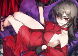 Rule 34 | 1girl, 92m, alternate costume, bare shoulders, black gloves, black hair, breasts, chair, choker, clothing cutout, dress, formal, gloves, gown, hair between eyes, illya (princess connect!), indoors, large breasts, legs together, long hair, looking at viewer, lying, on back, princess connect!, red dress, red eyes, ribbon, ribbon choker, sandals, shoulder cutout, sideboob, skirt, smile, solo