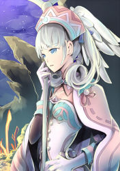 Rule 34 | 1girl, blue eyes, collarbone, gloves, head wings, headdress, holding, melia antiqua, nintendo, parted lips, salumak, silver hair, solo, staff, white gloves, wings, xenoblade chronicles (series), xenoblade chronicles 1