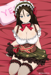 Rule 34 | 1girl, bare shoulders, black gloves, blue eyes, blush, bow, breasts, brown hair, cleavage, closed mouth, collarbone, detached collar, fishnet thighhighs, fishnets, frills, girls und panzer, gloves, green skirt, hair between eyes, heart, heart print, inoshira, large breasts, long hair, looking at viewer, maid headdress, nonna (girls und panzer), off shoulder, parted bangs, puffy short sleeves, puffy sleeves, red bow, red neckwear, short sleeves, sitting, skirt, smile, solo, thighhighs, thighs, underbust, yes-no pillow