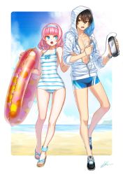 Rule 34 | 1boy, 1girl, :o, anklet, bare arms, bare legs, bare shoulders, beach, black footwear, blue jammers, blue male swimwear, blue one-piece swimsuit, blue sky, blunt bangs, border, breasts, brother and sister, brown eyes, brown hair, cable, casual one-piece swimsuit, closers, collarbone, covered navel, day, earphones, full body, hair between eyes, hairband, hand on another&#039;s arm, handheld game console, holding, hood, hood up, hoodie, horizon, innertube, jammers, jewelry, kws, legs apart, long sleeves, male swimwear, no socks, ocean, one-piece swimsuit, open clothes, open hoodie, open mouth, outdoors, partially unzipped, sandals, seha lee, seulbi lee, shoes, short hair, siblings, signature, sky, small breasts, sneakers, standing, striped clothes, striped hoodie, striped one-piece swimsuit, sweat, swim ring, swimsuit, swimsuit under clothes, two-tone hairband, zipper