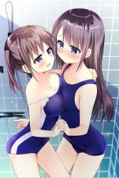 Rule 34 | 2girls, :d, asymmetrical docking, bare shoulders, blue eyes, blue one-piece swimsuit, blush, breast press, breasts, brown hair, closed mouth, collarbone, commentary request, competition school swimsuit, eye contact, fingernails, hair between eyes, hand on shoulder, highres, holding hands, indoors, interlocked fingers, long hair, looking at another, medium breasts, multiple girls, nagayama yuunon, one-piece swimsuit, open mouth, original, purple eyes, school swimsuit, shower head, small breasts, smile, standing, strap slip, swimsuit, tile wall, tiles, very long hair, wavy mouth, yuri