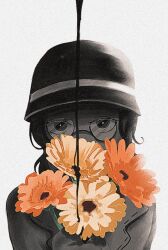 Rule 34 | 1girl, coat, commentary, covered mouth, film grain, flower, glasses, gyuunyuu oishi!, hat, helena adams, holding, holding flower, identity v, ink, looking at viewer, orange flower, short hair, simple background, solo, spot color, straight-on, upper body, white background, yellow flower