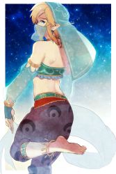 Rule 34 | 1boy, anklet, bandeau, bare shoulders, barefoot, blonde hair, blue eyes, border, bridal gauntlets, brown pants, commentary request, crossdressing, detached sleeves, earrings, frills, from behind, gerudo set (zelda), harem pants, highres, jewelry, leg up, link, looking at viewer, looking back, male focus, midriff, mouth veil, necklace, nintendo, official alternate costume, pants, pointy ears, see-through, soles, solo, the legend of zelda, the legend of zelda: breath of the wild, trap, veil, white border, yuma (zero)
