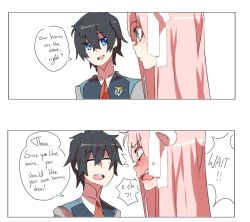 Rule 34 | 10s, 1boy, 1girl, black hair, blue eyes, blue horns, blush, closed eyes, colorized, comic, couple, darling in the franxx, english text, green eyes, hetero, hiro (darling in the franxx), horns, long hair, long sleeves, looking at another, melonenbrot, military, military uniform, necktie, oni horns, open mouth, pink hair, red neckwear, short hair, speech bubble, uniform, zero two (darling in the franxx)