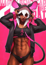 Rule 34 | 1girl, 2020, :p, abs, absurdres, alternate tail, animal ears, animal hood, axis (monori rogue), black bra, black panties, bra, breasts, chinese zodiac, cleavage, clothes writing, commentary, dark-skinned female, dark skin, english commentary, facial mark, fake animal ears, headphones, highres, hood, hood up, hoodie, looking at viewer, medium breasts, medium hair, monori rogue, mouse ears, mouse hood, mouse tail, navel, open clothes, open hoodie, original, outline, panties, pink background, pink eyes, solo, sports bra, tail, tongue, tongue out, underwear, whisker markings, white hair, wireless, year of the rat