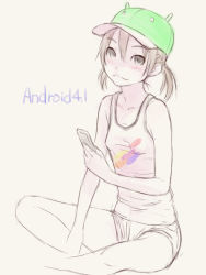 Rule 34 | 1girl, bad id, bad pixiv id, bare shoulders, black eyes, blush, brown hair, cellphone, collarbone, hat, holding, original, phone, shimano natsume, short shorts, shorts, sitting, sketch, smile, solo, twintails, white background