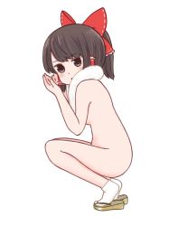 Rule 34 | 1girl, batta (ijigen debris), black eyes, black hair, blush, bow, commentary request, from side, full body, fur collar, hair bow, hair tubes, hakurei reimu, looking at viewer, looking to the side, nude, sandals, short hair, short ponytail, simple background, socks, solo, squatting, touhou, white background, white socks