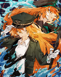 2girls blind_obsession_(e.g.o) collared_shirt dual_persona e.g.o_(project_moon) freckles gloves green_jacket hat hat_tip highres ishmael_(project_moon) jacket limbus_company long_hair minasemochii multiple_girls orange_hair peaked_cap pequod_(identity)_(project_moon) profile project_moon shirt smoking_pipe very_long_hair water white_gloves white_shirt