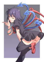 Rule 34 | 1girl, ;d, ass, asymmetrical wings, black background, black dress, black hair, black thighhighs, blue wings, border, commentary, dress, gradient background, gyouza (mhea5724), highres, houjuu nue, looking at viewer, one eye closed, open mouth, red eyes, red footwear, red wings, short hair, short sleeves, smile, snake armband, solo, thighhighs, touhou, white border, wings