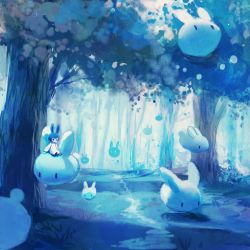 Rule 34 | ambiguous gender, animal ears, bad id, bad pixiv id, blue eyes, blue theme, rabbit, rabbit ears, commentary request, fantasy, forest, looking at viewer, manino (mofuritaionaka), monochrome, nature, original, path, road, robe, short hair, sitting, solo, tree