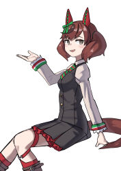 Rule 34 | 1girl, animal ears, black dress, bow, bowtie, brown hair, commentary request, dress, ear covers, feet out of frame, green eyes, grey background, highres, horse ears, horse girl, horse tail, index finger raised, long sleeves, looking at viewer, medium hair, mimi e777, multicolored hair, nice nature (umamusume), pinafore dress, shirt, simple background, sleeveless, sleeveless dress, smile, solo, streaked hair, striped bow, striped bowtie, striped clothes, tail, twintails, umamusume, white background, white shirt