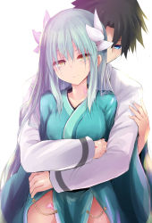 Rule 34 | 1boy, 1girl, black hair, blue eyes, breasts, brown eyes, chaldea uniform, command spell, commentary request, eyebrows hidden by hair, fate/grand order, fate (series), fujimaru ritsuka (male), glowing, green hair, green kimono, hair between eyes, hand up, highres, horns, hug, hug from behind, jacket, japanese clothes, kimono, kiyohime (fate), long hair, long sleeves, medium breasts, parted bangs, pubic tattoo, sen (astronomy), simple background, tattoo, uniform, very long hair, white background, white jacket, wide sleeves
