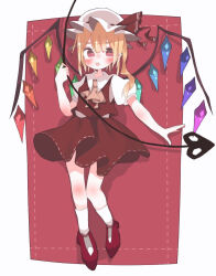 Rule 34 | 1girl, ascot, blonde hair, crystal, flandre scarlet, full body, hat, highres, laevatein (touhou), medium hair, mob cap, nacht musik, open mouth, red eyes, red footwear, red ribbon, ribbon, short sleeves, simple background, solo, touhou, wings, yellow ascot
