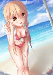Rule 34 | 10s, 1girl, beach, bikini, blonde hair, breasts, brown eyes, cleavage, cloud, collarbone, crab, day, doma umaru, front-tie top, gradient background, highres, himouto! umaru-chan, large breasts, leaning forward, looking at viewer, open mouth, outdoors, red bikini, sand, shiori@man&#039;neri, sky, solo, swimsuit, water, wet, wet clothes