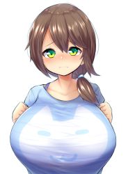 1girl breasts brown_hair closed_mouth come_hither female_focus green_eyes highres huge_breasts long_hair looking_at_viewer low_ponytail original ponytail simple_background solo watari1118 wavy_mouth white_background