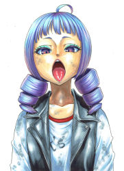 Rule 34 | 1girl, absurdres, black vest, blue hair, blue shirt, commentary request, dead by daylight, dirty, dirty face, drill hair, eyelashes, eyeshadow, feng min, highres, makeup, open mouth, painting (medium), purple eyes, shirt, short eyebrows, solo, takayama akira, tongue, tongue out, traditional media, twin drills, upper body, vest, watercolor (medium)