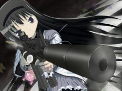Rule 34 | 10s, 1girl, aiming, akemi homura, black background, black hair, capelet, casing ejection, character doll, checkered floor, commentary request, cowboy shot, eotech, expressionless, floor, grey skirt, gun, hairband, jitome, kaname madoka, kyubey, long hair, long sleeves, magical girl, mahou shoujo madoka magica, mahou shoujo madoka magica (anime), mk 18 rifle, pantyhose, pig, pink hair, purple eyes, rifle, shell casing, short hair, simple background, skirt, sniper rifle, solo, standing, suppressor, tenchou no matsumoto, weapon