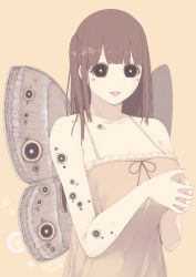 Rule 34 | 1girl, :d, bad id, bad pixiv id, bare arms, bare shoulders, black eyes, breasts, brown background, brown dress, brown hair, bug, butterfly, butterfly wings, cleavage, collarbone, commentary request, dated, dress, highres, insect, insect wings, long hair, looking at viewer, medium breasts, monster girl, morita (moritania), open mouth, original, own hands together, signature, simple background, sleeveless, sleeveless dress, smile, solo, trypophobia, upper body, wings