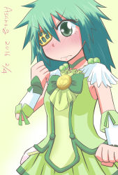 Rule 34 | 1girl, asano kazunari, blouse, blush, breasts, brooch, choker, cosplay, cure march, cure march (cosplay), dated, embarrassed, eyepatch, green choker, green eyes, green hair, green skirt, hair between eyes, highres, jewelry, kantai collection, kiso (kancolle), magical girl, open mouth, pink background, precure, remodel (kantai collection), shirt, skirt, small breasts, smile precure!, solo, wavy mouth, wrist cuffs