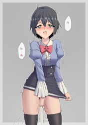 Rule 34 | 1girl, between legs, black hair, black skirt, black thighhighs, blue eyes, blue shirt, blush, bob cut, border, bow, bowtie, breath, buttons, clothes lift, collared shirt, embarrassed, english text, female focus, frilled shirt, frills, grey background, grey border, grey outline, half-closed eyes, hand between legs, have to pee, heart, heavy breathing, high-waist skirt, highres, juliet sleeves, lifted by self, long sleeves, looking at viewer, miniskirt, nose blush, open mouth, original, outside border, pee, peeing, peeing self, puffy sleeves, red bow, red bowtie, rune (dualhart), school uniform, shirt, shirt tucked in, short hair, sidelocks, simple background, skindentation, skirt, skirt hold, skirt lift, solo, speech bubble, spoken heart, standing, straight-on, sweat, tears, thalia (rune (dualhart)), thighhighs, thighs, trembling