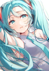 Rule 34 | 1girl, absurdres, aqua eyes, aqua hair, arm up, armpits, bare shoulders, blue necktie, breasts, collared shirt, drawing kanon, grey shirt, hatsune miku, highres, long hair, looking at viewer, lying, necktie, on back, open mouth, shirt, small breasts, solo, twintails, upper body, very long hair, vocaloid
