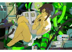 Rule 34 | 1girl, asymmetrical hair, bare legs, bare shoulders, barefoot, brown eyes, brown hair, cable, cloudyooooo, computer, dress, expressionless, floating, full body, hair ornament, highres, iwakura lain, knees up, light, machinery, parted bangs, serial experiments lain, short hair, short hair with long locks, sidelocks, single sidelock, solo, spaghetti strap, strap slip, thighs, tube, white dress, wire, x hair ornament
