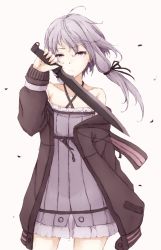 Rule 34 | 1girl, ahoge, bare shoulders, blade, collarbone, expressionless, hair ribbon, highres, holding, holding weapon, hood, hoodie, itituki, knife, long hair, looking at viewer, off shoulder, purple eyes, purple hair, ribbon, short hair with long locks, simple background, solo, twintails, upper body, vocaloid, voiceroid, weapon, wind, yuzuki yukari