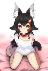 Rule 34 | 1girl, :&lt;, absurdres, aged down, animal ear fluff, animal ears, asymmetrical clothes, belt collar, black hair, blush, breasts, closed mouth, clothing cutout, collar, collarbone, commentary request, double-parted bangs, ear tag, full body, hair ornament, hairclip, highres, hololive, long hair, long sleeves, looking at viewer, multicolored hair, ookami mio, ookami mio (casual), red collar, red hair, shirt, shoulder cutout, sidelocks, small breasts, solo, streaked hair, tail, variant set, virtual youtuber, white shirt, wolf ears, wolf girl, wolf tail, yellow eyes, zonzu