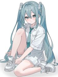 1girl aqua_eyes aqua_hair aqua_necktie closed_mouth collared_shirt commentary crossed_bangs full_body hair_between_eyes hashtag-only_commentary hatsune_miku highres karyln long_hair necktie shirt shoes short_sleeves shorts simple_background sitting sneakers solo twintails very_long_hair vocaloid white_background white_footwear white_shirt white_shorts white_sneakers