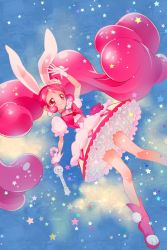 Rule 34 | 10s, 1girl, animal ears, boots, bow, rabbit ears, cake hair ornament, cure whip, earrings, extra ears, food, food-themed hair ornament, frilled skirt, frills, fruit, full body, gloves, hair ornament, highres, jewelry, kirakira precure a la mode, long hair, magical girl, pink eyes, pink hair, pom pom (clothes), pom pom earrings, precure, sad smile, skirt, smile, solo, star (symbol), strawberry, twintails, usami ichika, very long hair, wand, white gloves, yukiumisaka