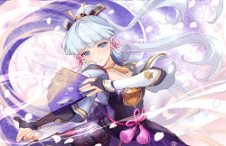 Rule 34 | 1girl, armor, ayaka (genshin impact), breastplate, bridal gauntlets, cherry blossoms, collarbone, faulds, floating hair, genshin impact, grey eyes, hair ornament, hair ribbon, hand fan, highres, holding, holding fan, long hair, looking at viewer, okkobc, parted lips, pink ribbon, ribbon, solo, very long hair, white hair