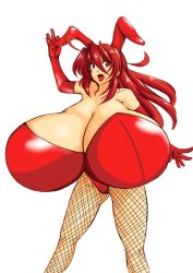 Rule 34 | 1girl, aeon708, animal costume, animal ears, bare shoulders, breasts, bunny girl, cleavage, elbow gloves, fishnets, gigantic breasts, gloves, kyoui-san, long hair, open mouth, rabbit costume, rabbit ears, red eyes, red hair, simple background, solo, standing, white background