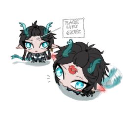 Rule 34 | 1boy, :&lt;, aqua eyes, aqua tail, arrow (symbol), bangs pinned back, black hair, blush, chibi, chihuahuarien, commentary, dan heng (honkai: star rail), dan heng (imbibitor lunae) (honkai: star rail), ear blush, english commentary, english text, eyeliner, from above, full body, honkai: star rail, honkai (series), horns, lipstick mark on forehead, long hair, makeup, male focus, meme, multiple views, no nose, pants, place lips here (meme), pointy ears, red eyeliner, shirt, simple background, tail, tail wagging, translucent horns, wall-eyed, white background, white shirt