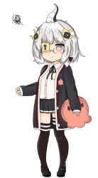 Rule 34 | 1girl, asymmetrical legwear, bailingxiao jiu, black-framed eyewear, black bow, black footwear, black jacket, black ribbon, black skirt, black thighhighs, blush, bow, braid, collared shirt, dress shirt, eyepatch, full body, glasses, grey eyes, hair bow, hair ornament, highres, holding, holding stuffed toy, jacket, keyhole, long sleeves, mary janes, miniskirt, neck ribbon, open clothes, open jacket, original, parted lips, pigeon-toed, pleated skirt, ribbon, shirt, shoes, silver hair, simple background, skirt, sleeves past wrists, solo, squiggle, standing, stuffed animal, stuffed octopus, stuffed toy, suction cups, tentacles, thighhighs, uneven legwear, white background, white shirt