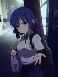 Rule 34 | 1girl, bag, black bag, black ribbon, blue hair, blue skirt, blunt bangs, blush, bocchi the rock!, breasts, building, city lights, closed mouth, collared shirt, commentary request, dot mouth, dot nose, grass, guitar case, hair ornament, hairclip, head tilt, highres, holding, holding bag, holding strap, instrument case, looking at viewer, loose hair strand, medium breasts, mole, mole under eye, mtoan, neck ribbon, night, outdoors, outstretched hand, pleated skirt, ribbon, school uniform, shirt, shirt tucked in, shirt under shirt, short hair, short sleeves, shoulder bag, skirt, solo, standing, strap, yamada ryo, yellow eyes