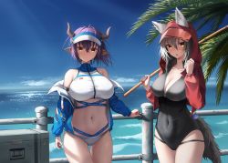 Rule 34 | 2girls, absurdres, alternate costume, animal ears, arknights, bare shoulders, beach, bikini, black one-piece swimsuit, blue sky, breasts, chun bae, cleavage, clothing cutout, covered navel, halterneck, highres, hood, hood up, hoodie, horns, jacket, jacket partially removed, large breasts, looking at viewer, multiple girls, navel, navel cutout, ocean, official alternate costume, one-piece swimsuit, outdoors, palm tree, pointy ears, projekt red (arknights), projekt red (light breeze) (arknights), purple hair, railing, sideroca (arknights), sideroca (light breeze) (arknights), skin tight, skindentation, sky, smile, swimsuit, tail, thighs, tree, visor cap, water, white bikini, yellow eyes